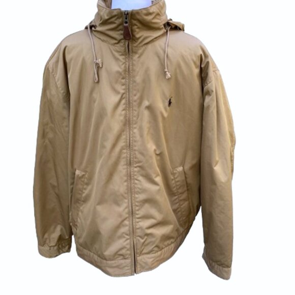 Polo Ralph Lauren Men's Jacket Medium Tan Fleece Lining Full Zip Roll-up Hood XL - Picture 10 of 16